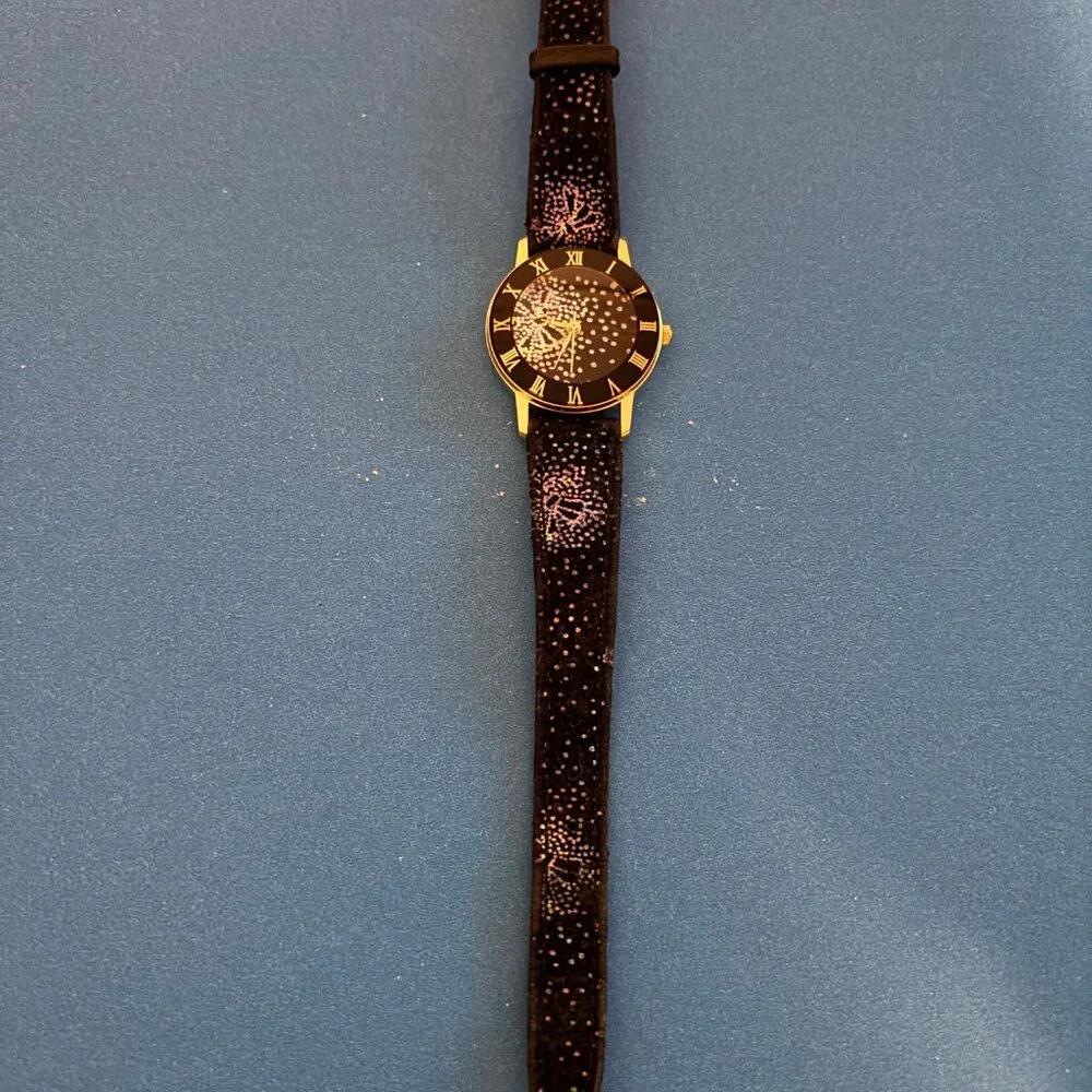 Vintage 1992 Japan Movt black colorful‎ speckled quartz watch genuine leather
